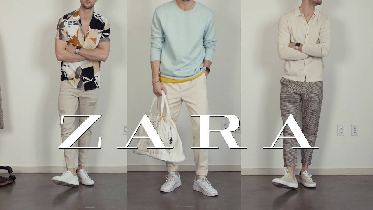 ZARA男裝時尚 壁紙 — 三名身穿時尚休閒服裝的男子站在素牆前，帶有'ZARA'文字疊加。