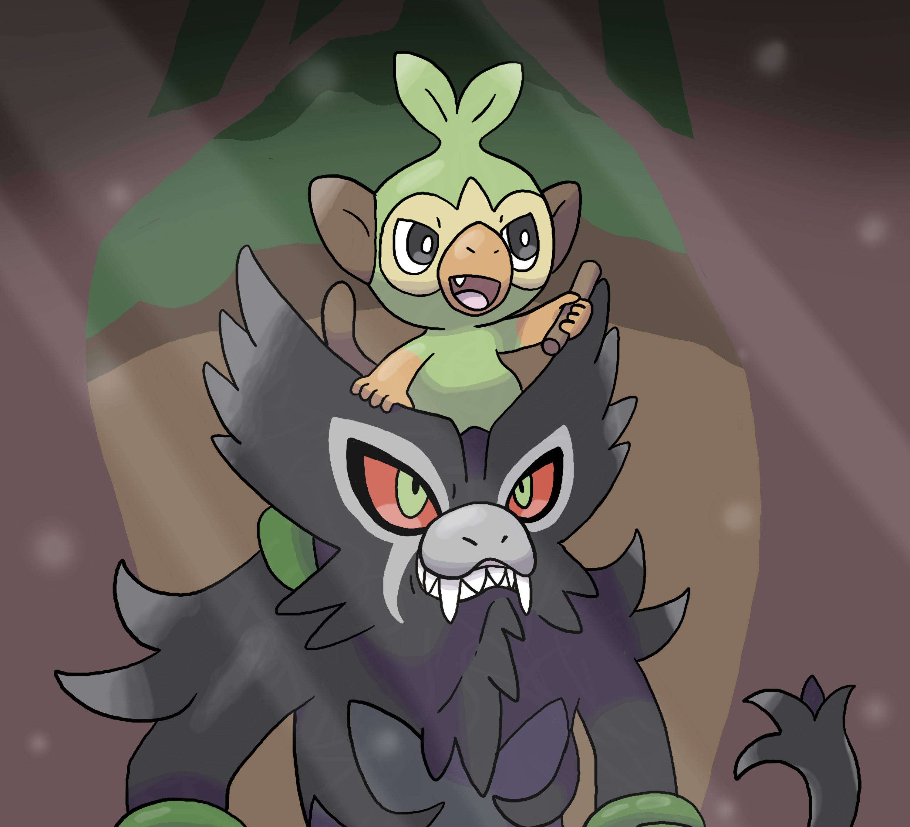 Zarude 與Grookey 壁紙 — 一隻細小綠色嘅寶可夢喺森林環境中快樂咁騎喺一隻大嘅深灰色狼狀寶可夢上面。