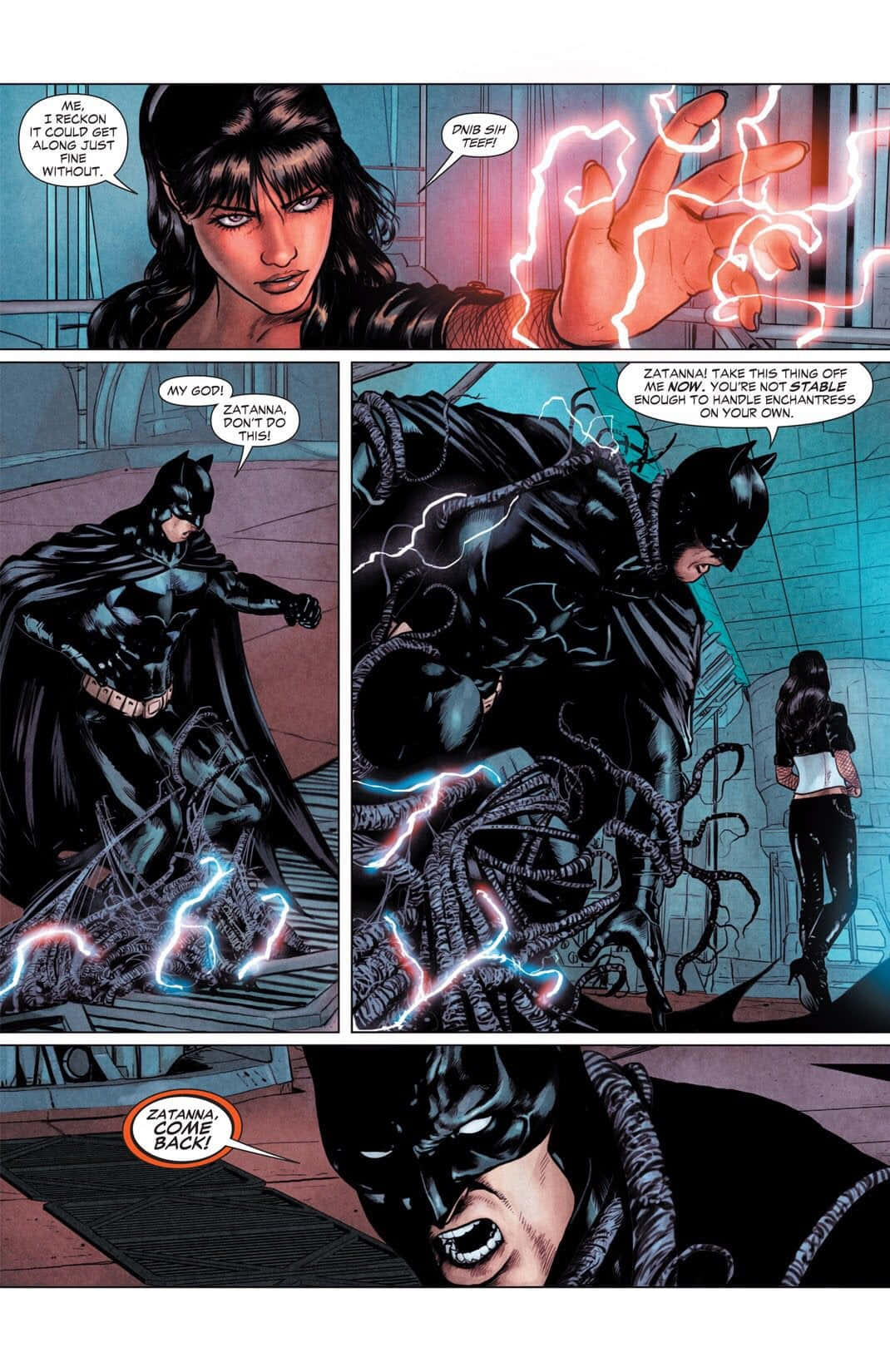 The Justice League Dark 桌布 壁紙 — Zatanna 施展閃電魔法，而蝙蝠俠在 gritty 漫畫格中與一隻觸手怪物戰鬥。