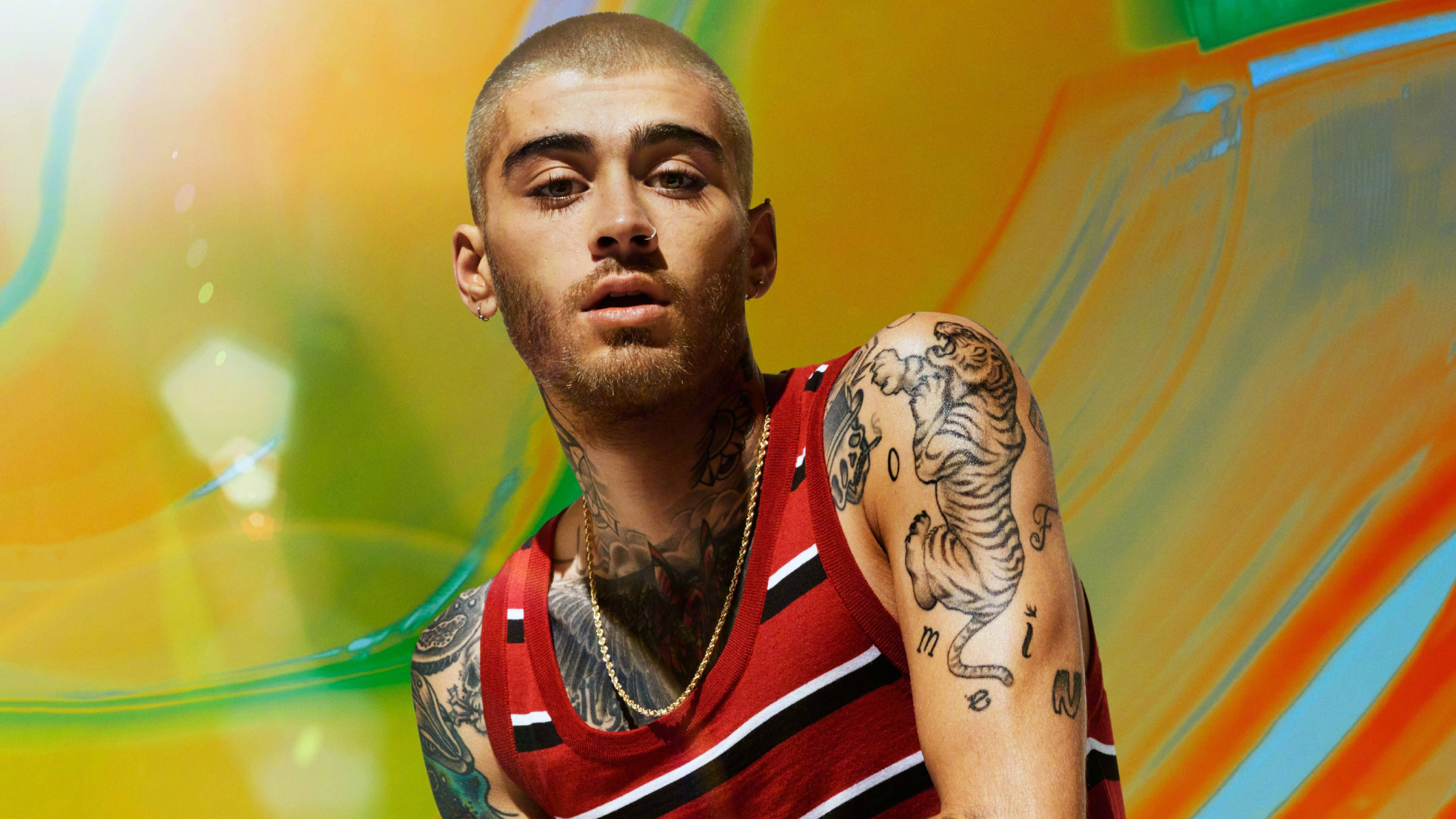 Zayn Malik 2018 GQ黑白肖像照 壁紙 — Zayn Malik 在充滿活力的抽象背景前，帶有旋轉的橙色、綠色和藍色色調，強烈地凝視著。