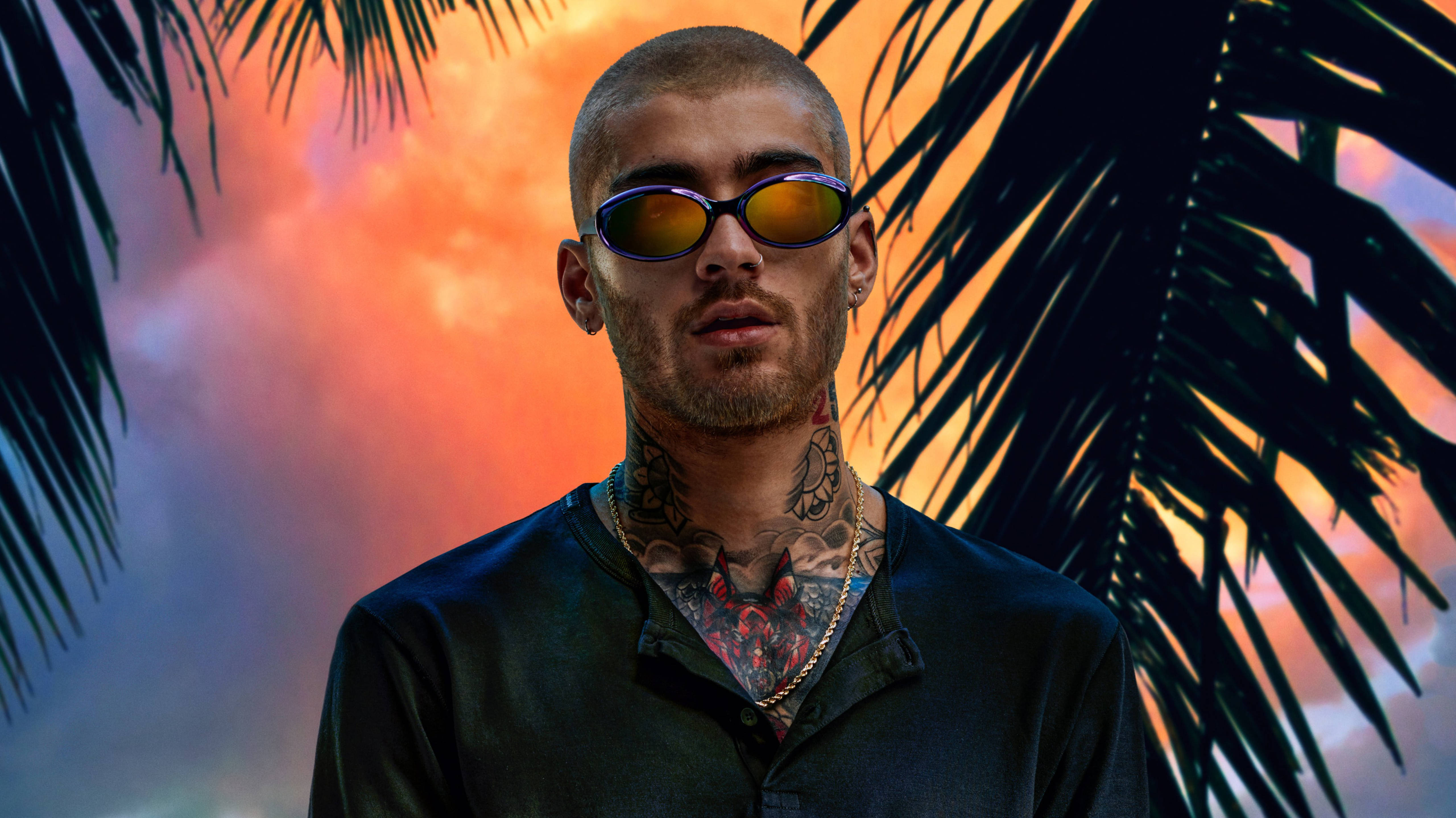 Zayn Malik為GQ雜誌2018年六月號拍攝的熱帶日落主題肖像 壁紙 — 一個有紋身和戴太陽眼鏡的男人站在棕櫚葉框住的鮮豔日落天空前。