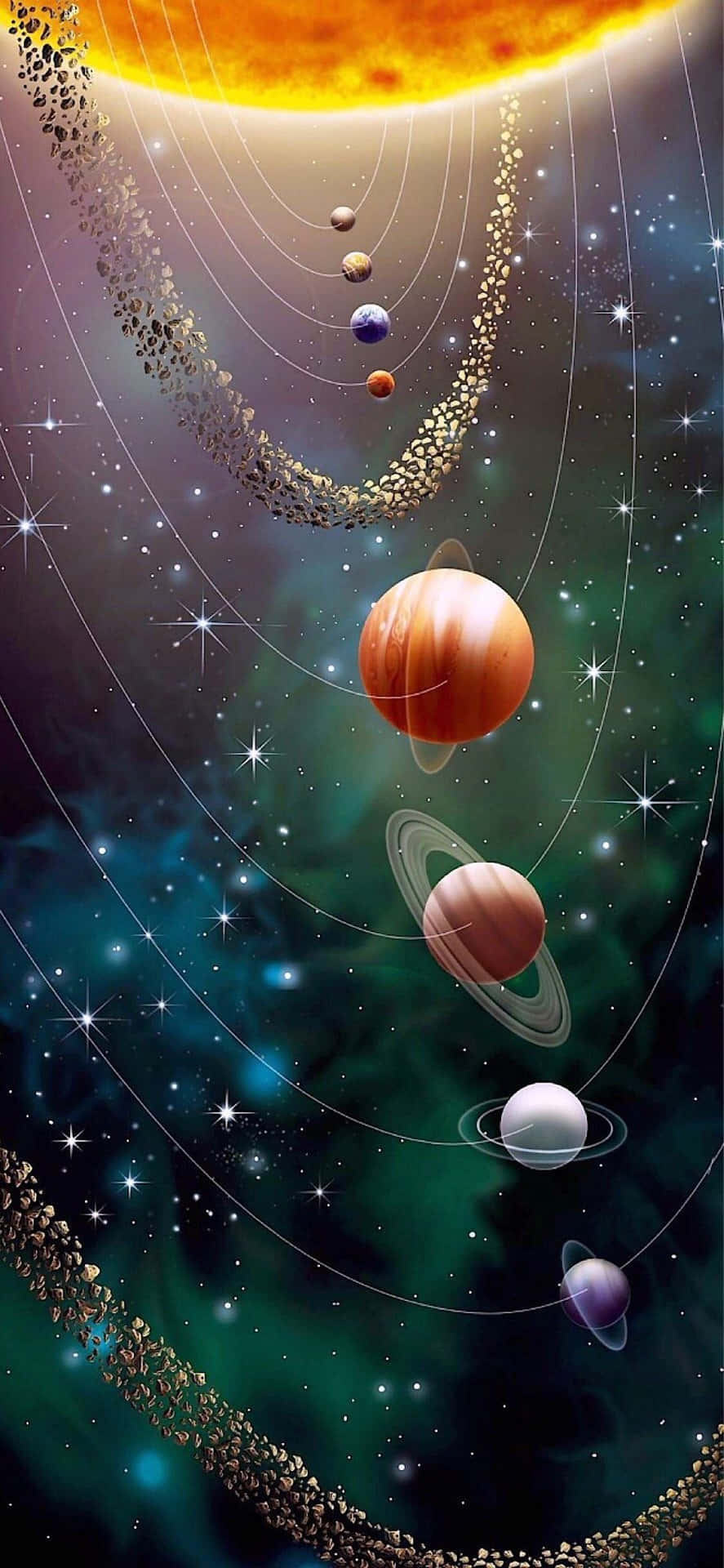 行星在充滿星星的彩色星雲中圍繞太陽運行。 — 蘋果 壁紙