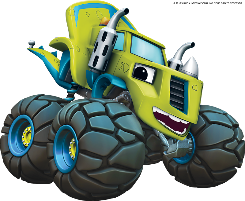 Zeg 怪物卡車（Blaze and the Monster Machines） 壁紙 — 一輛快樂的青檸綠色怪獸卡車，帶有大黑色輪胎和藍色裝飾，微笑著，有大眼睛和鋒利的牙齒。