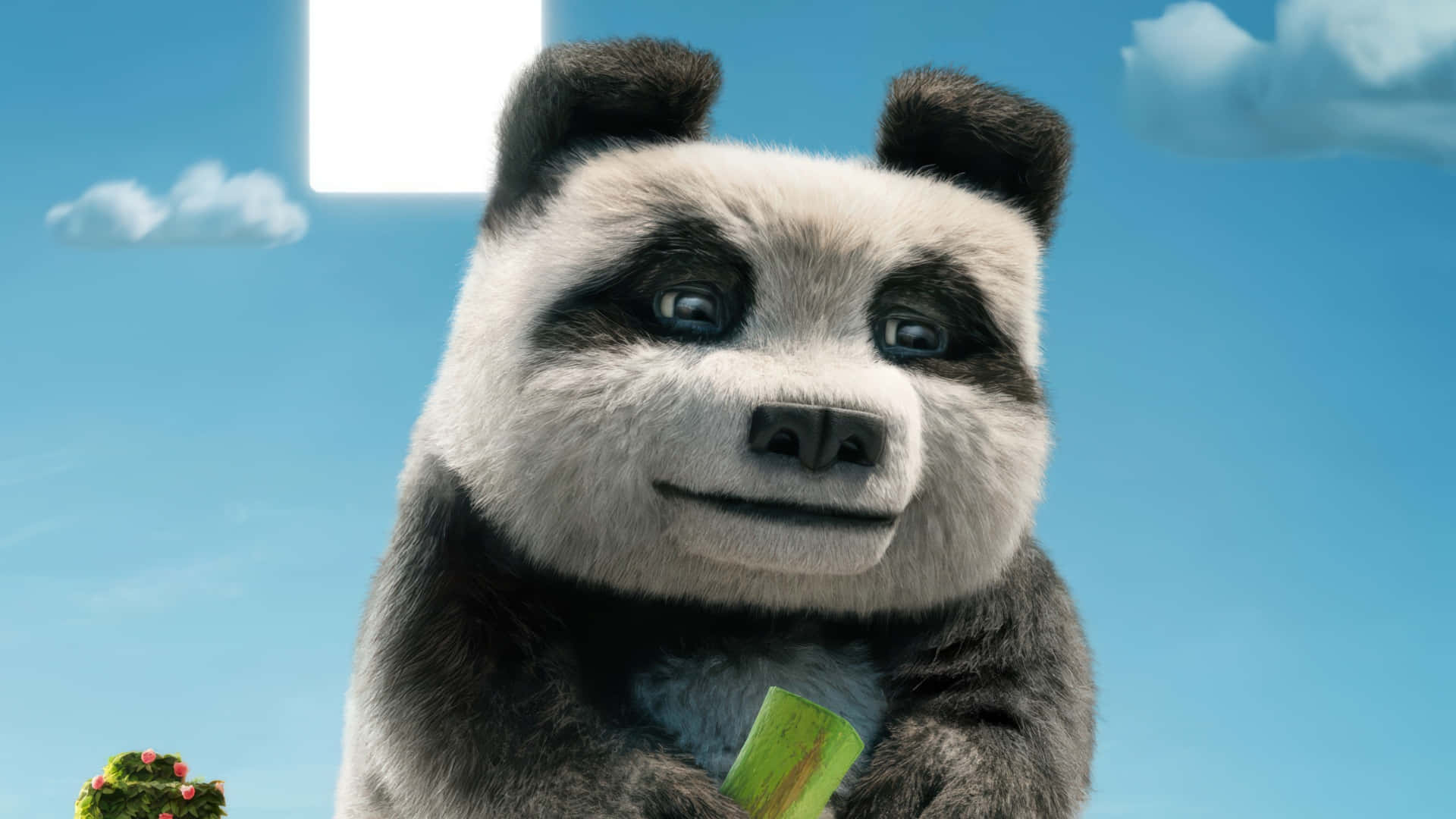  壁紙 — 一隻開心的動畫熊貓喺晴朗嘅藍天同 fluffy 雲前面揸住一條綠色竹枝。