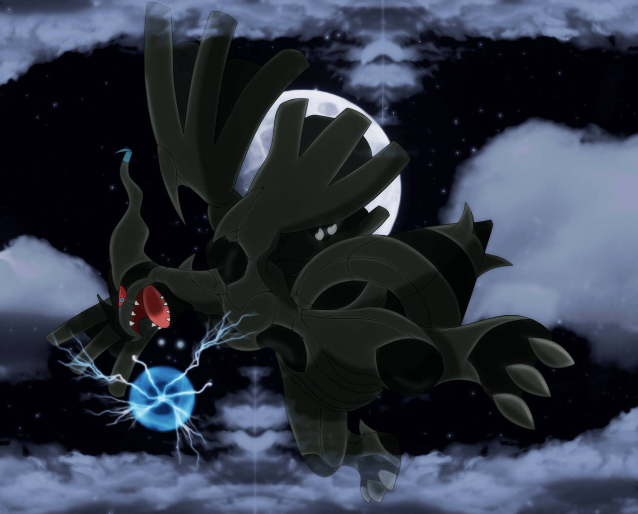 Zekrom 充電攻擊 壁紙 — 一隻暗黑動漫龍，擁有發光的紅色眼睛和藍色閃電在爪手周圍噼啪作響，背景是滿月的星空夜空。