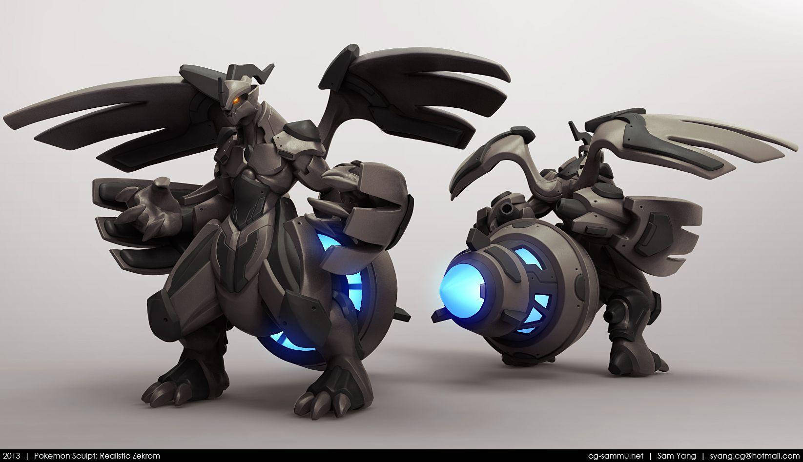 Zekrom 展現強大威力 壁紙 — 兩個生物機械龍形生物，帶有發光的藍色核心，在純灰色背景上蓄勢待發。