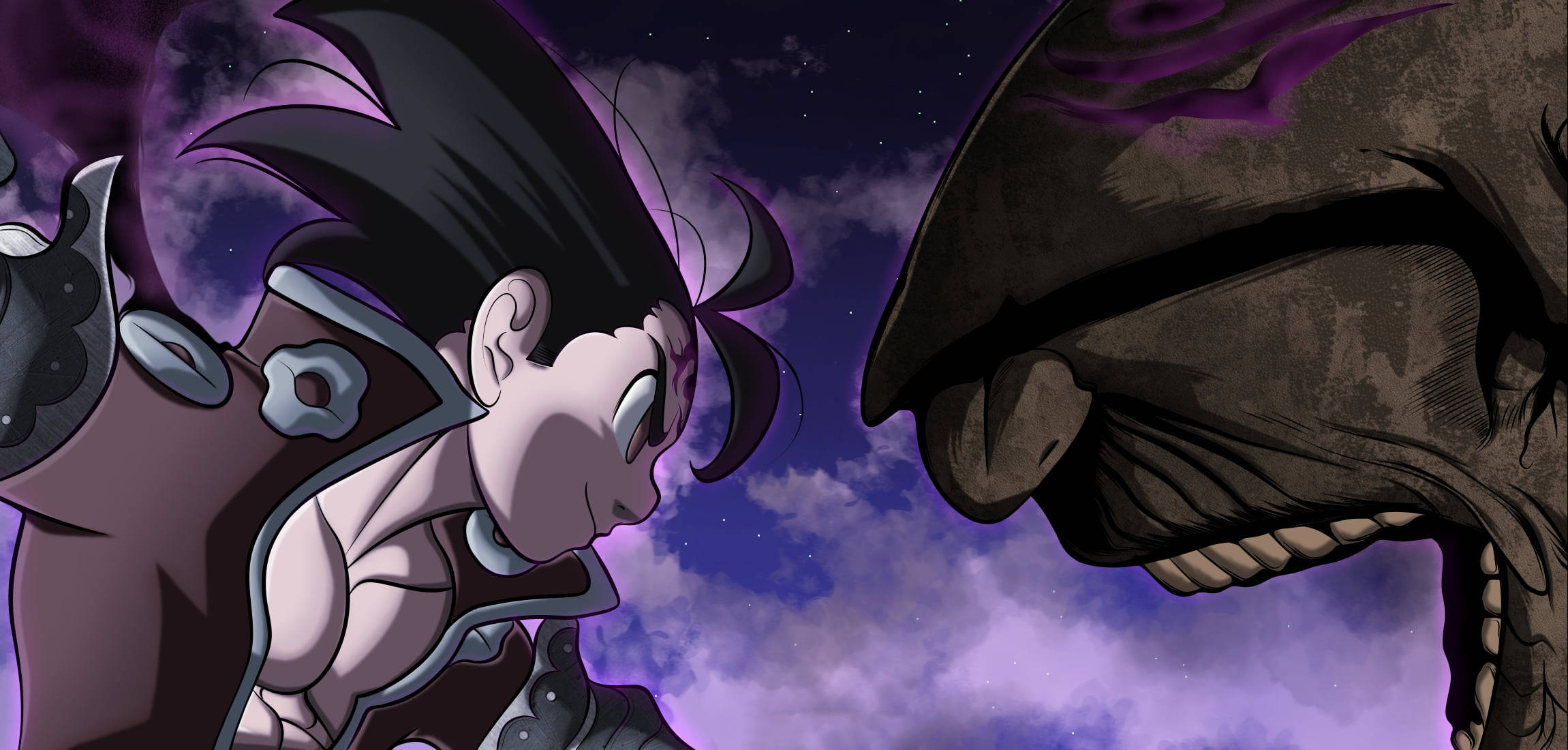 Zeldris 對抗惡魔 壁紙 — 一個堅定的動漫戰士在繁星點點的紫色天空下，面對一個迫近的巨型骷髏怪物。