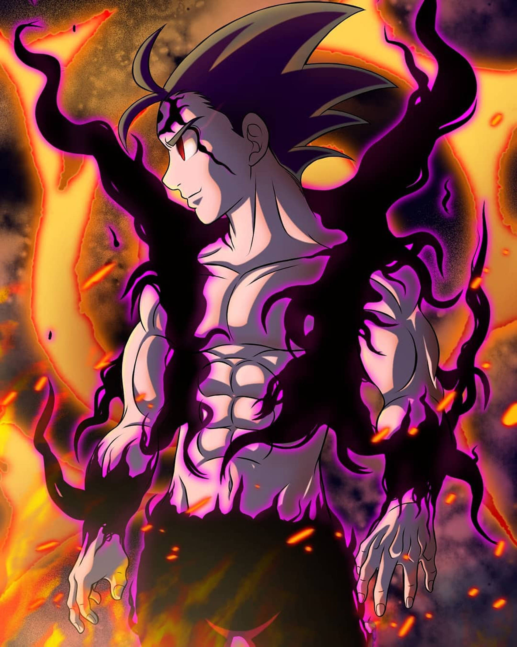 Zeldris 黑焰之姿 壁紙 — 一個肌肉發達的動漫戰士，頭髮尖刺，散發出紫色能量，背景是火熱的橙色和黑色。