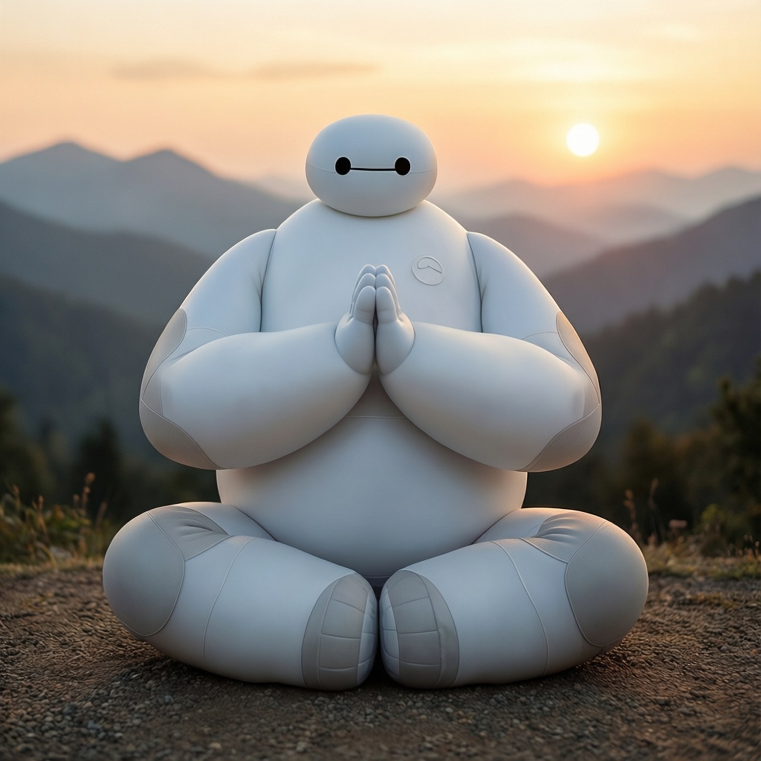 一個白色機械人在日落時分盤腿坐在山脊上冥想。