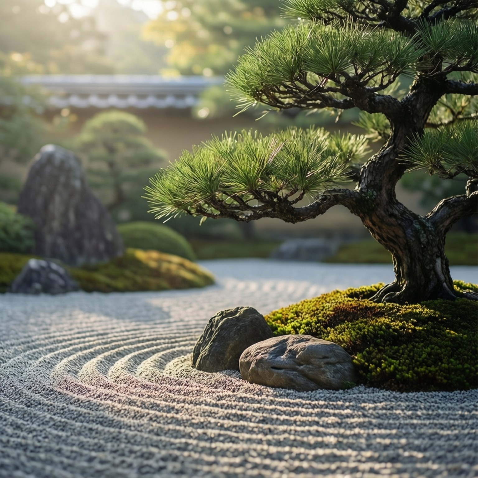 在寧靜的日本禪意花園中，一條耙過的碎石小徑，點綴著長滿苔蘚的岩石和一棵松樹。