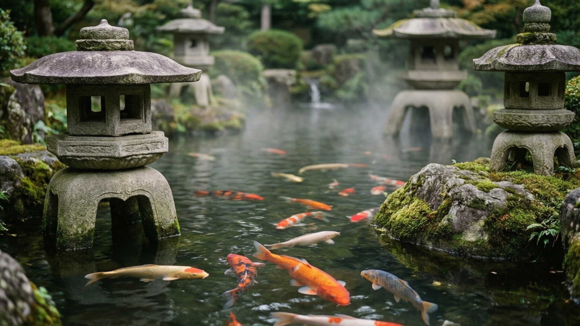 一座傳統日式庭園池塘，有鯉魚、石燈籠與霧氣瀰漫的氛圍。