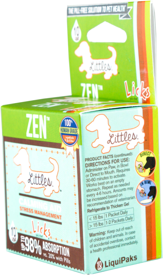 Zen Littles 宠物健康液體包 壁紙 — 一盒色彩鮮豔的 Zen Licks 寵物鎮靜輔助劑，帶有活潑的臘腸犬插圖和清晰的使用說明。