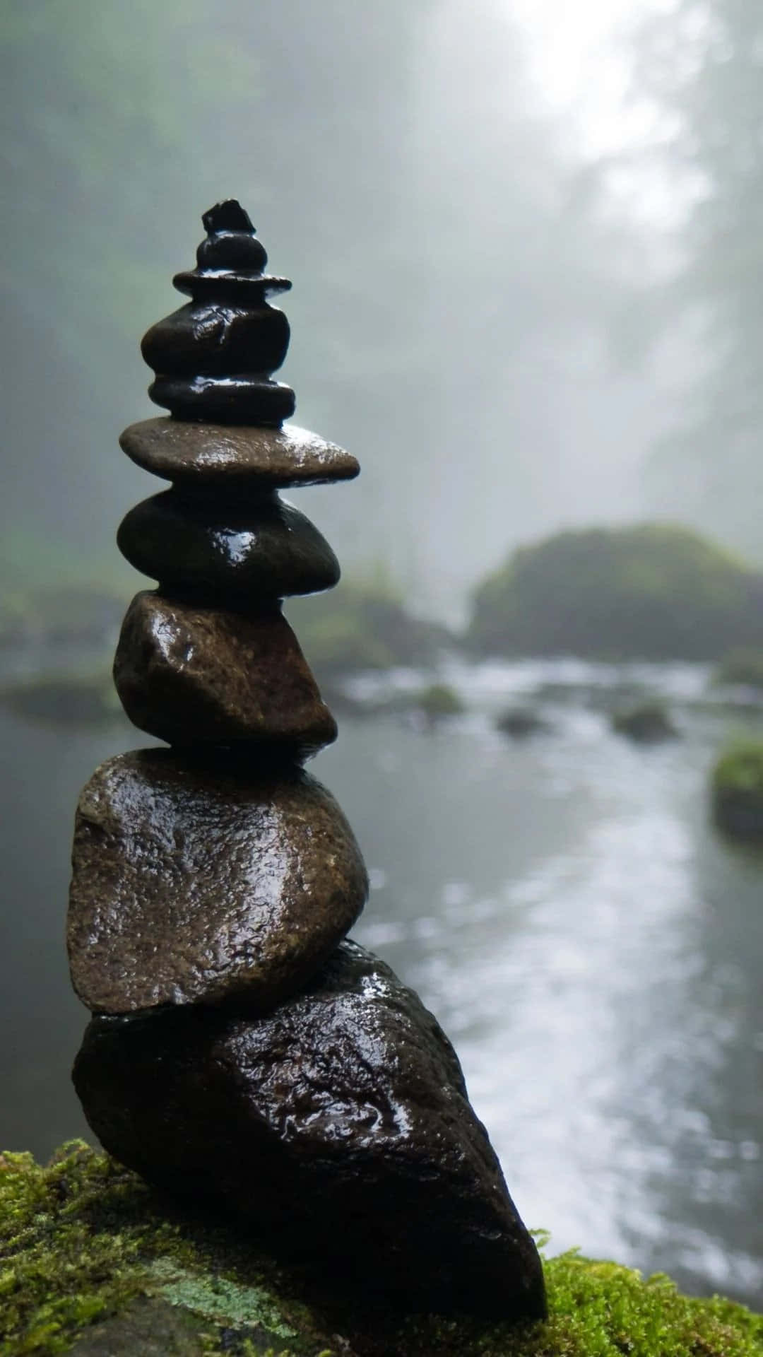 在森林中，濕石頭堆疊在苔蘚上，在霧氣瀰漫的河流附近保持平衡。