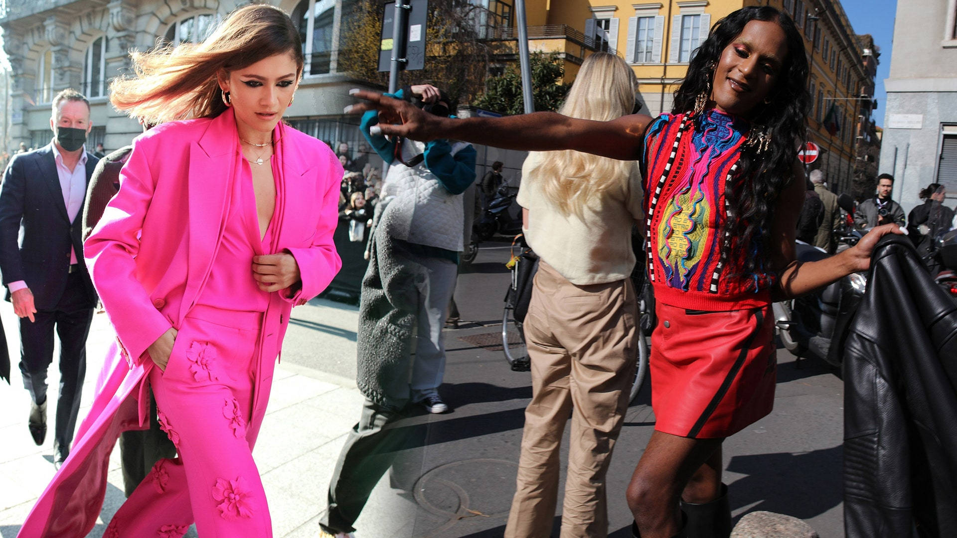 Zendaya 穿著洋紅色服裝 壁紙 — 兩位時尚女性自信地走在陽光普照的城市街道上，一位穿著大膽的粉紅色西裝，另一位穿著色彩繽紛的圖案服裝。