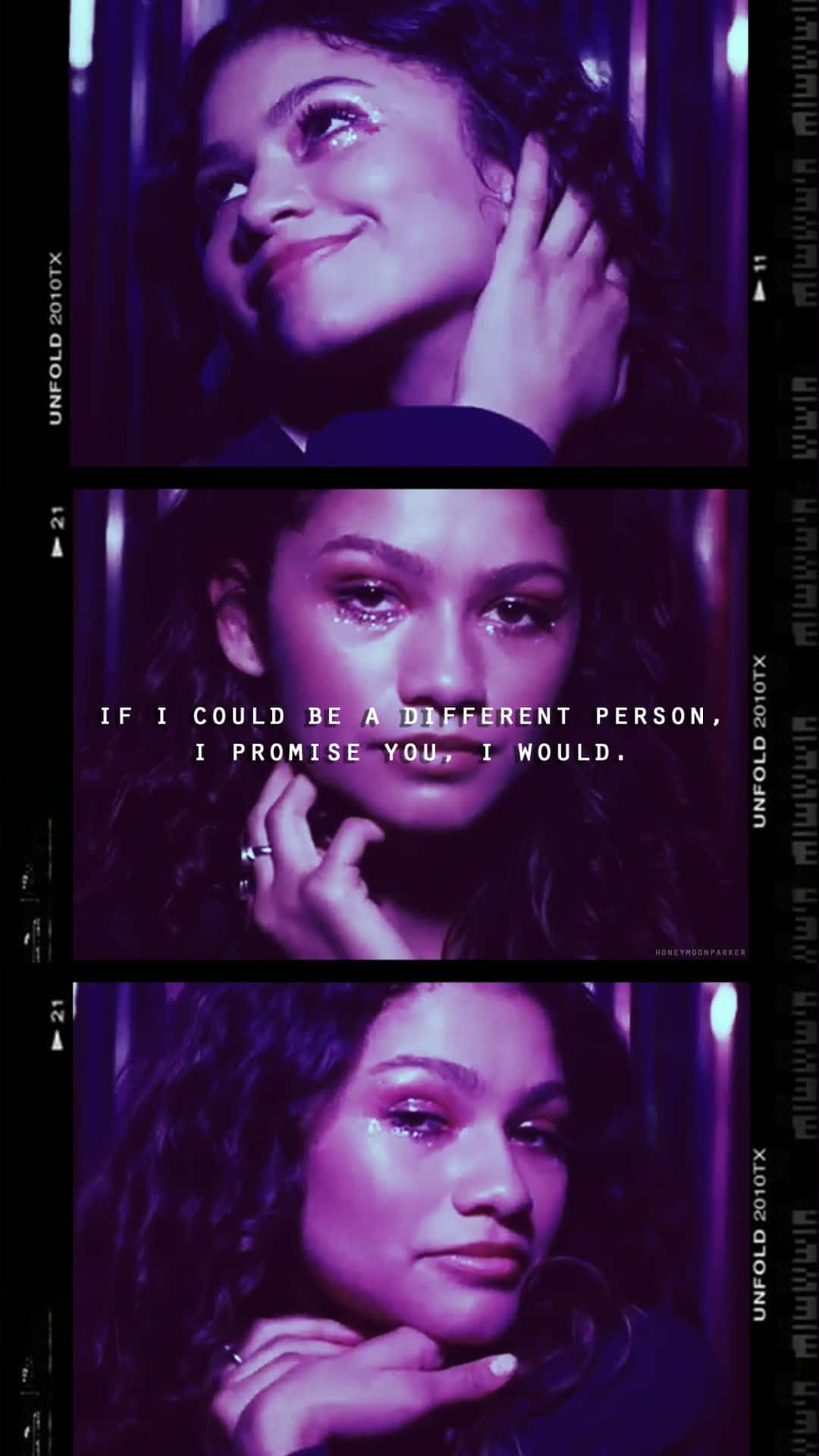 euphoria 桌布 壁紙 — Zendaya 三個情感特寫，紫色燈光，臉上帶有淚痕。