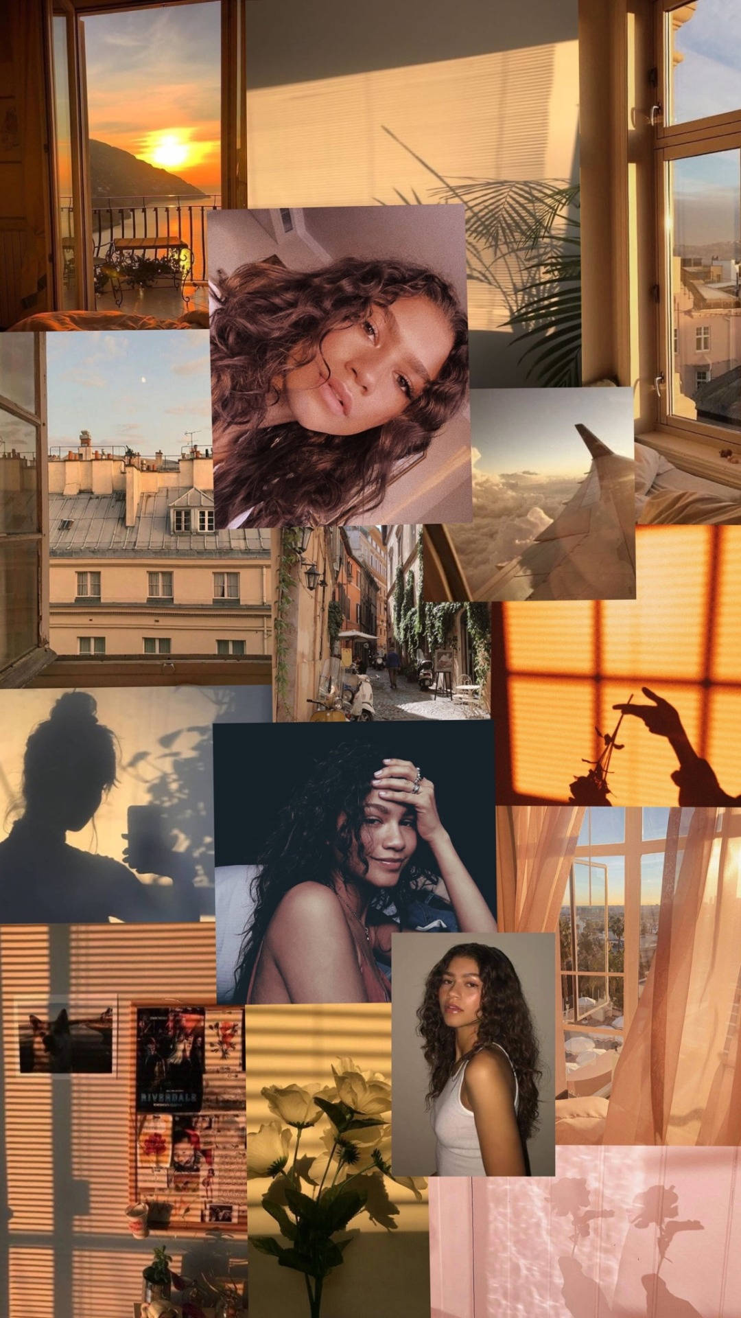 Zendaya 夏日拼貼畫 壁紙 — 暖色調的拼貼畫，包含陽光照射的窗戶、城市景觀和黃金時段光線下的自然肖像。
