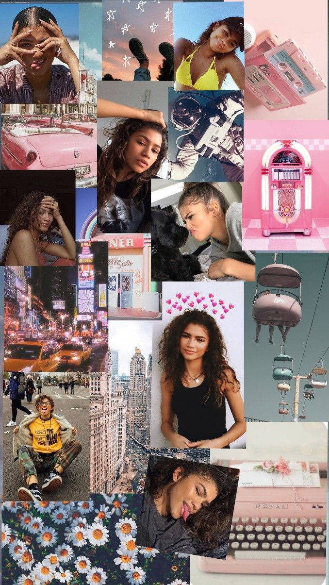 Zendaya 美學拼貼圖 壁紙 — Zendaya 喺各種粉紅色主題場景中嘅鮮豔拼貼畫，包括城市街道、復古點唱機同花卉圖案。