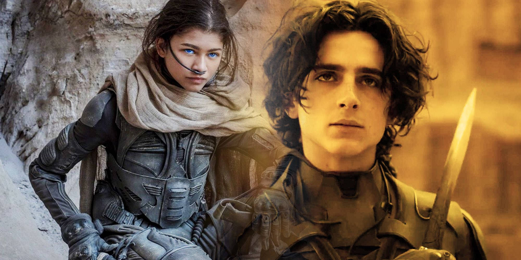 Zendaya 與Timothee Chalamet《沙丘》劇照 壁紙 — 兩名身穿未來裝甲的年輕戰士站在沙漠峽谷中，溫暖的金色光線照耀著。