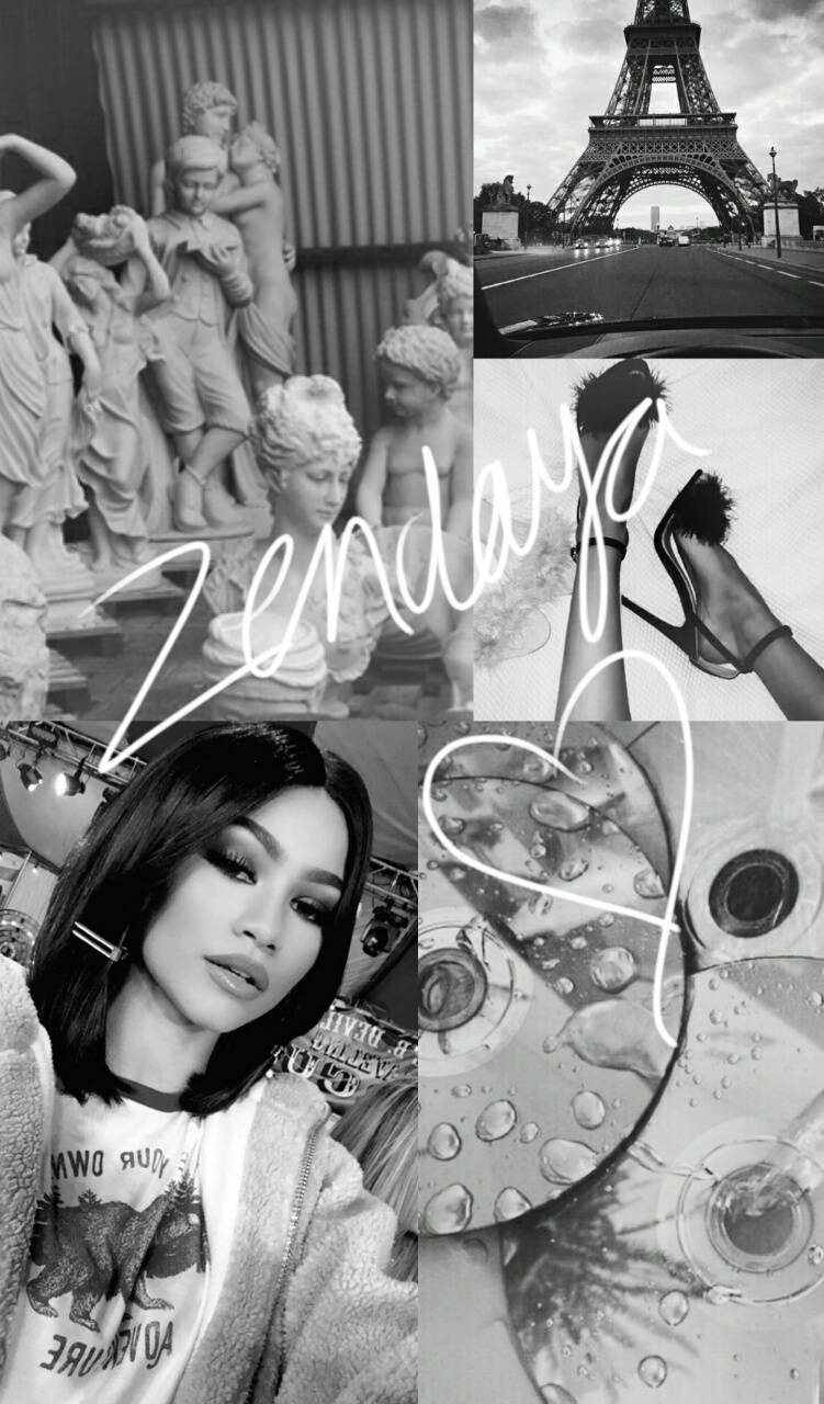 Zendaya 黑白美學拼貼 壁紙 — 黑白拼貼畫， featuring Zendaya、巴黎艾菲爾鐵塔、雕像、高跟鞋和玻璃上的水滴。