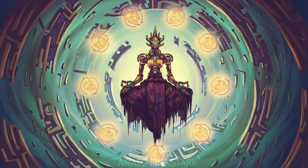 強大的Zenyatta 壁紙 — 一個神秘裝甲人物在漂浮平台上冥想，周圍環繞著螺旋形青綠色和金色數碼隧道中的發光球體。