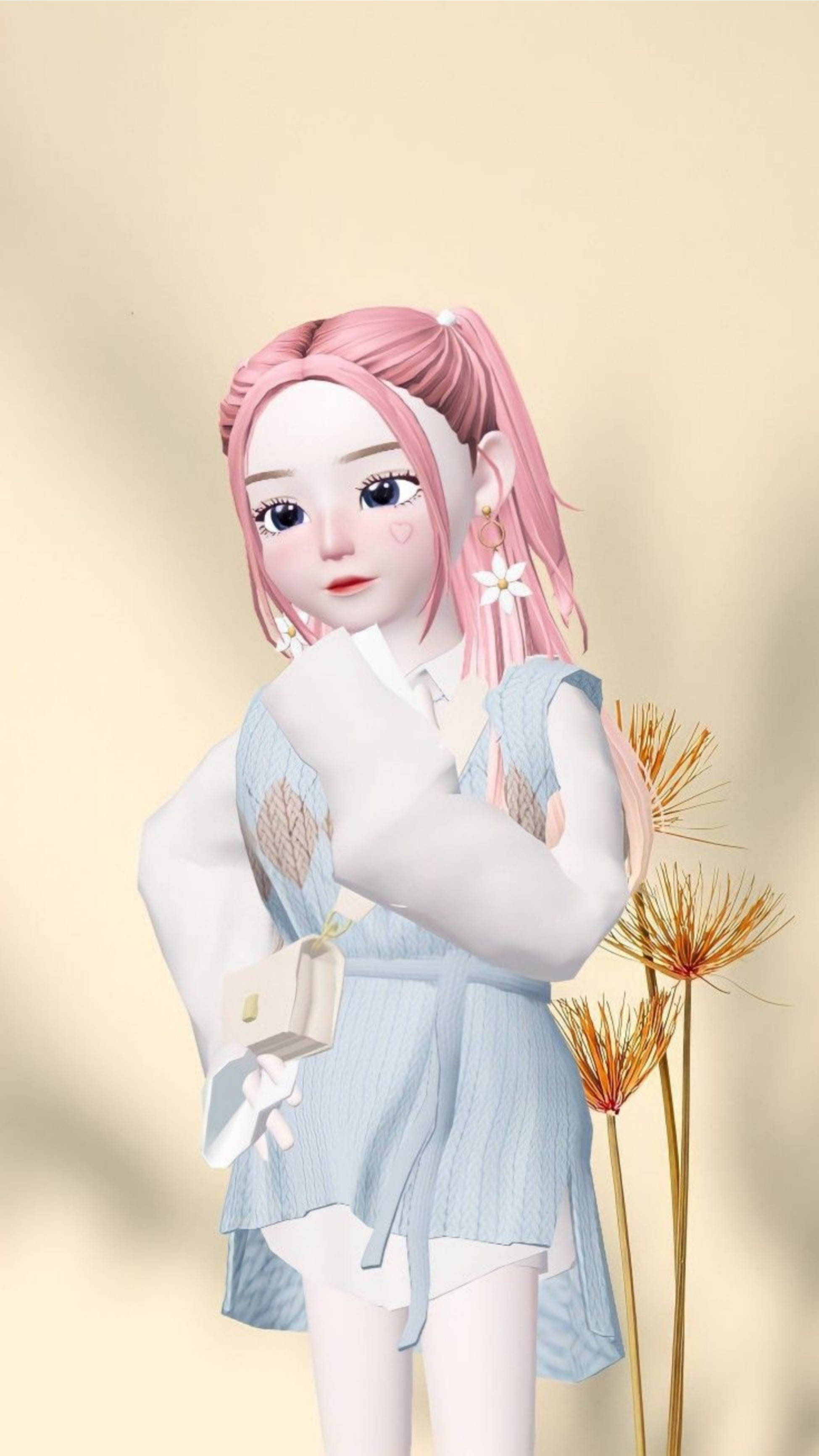 Zepeto 可愛女孩美學壁紙 壁紙 — 一個風格化的動漫女孩，粉紅色頭髮和花卉耳環，站在乾草旁邊，柔和粉彩調。