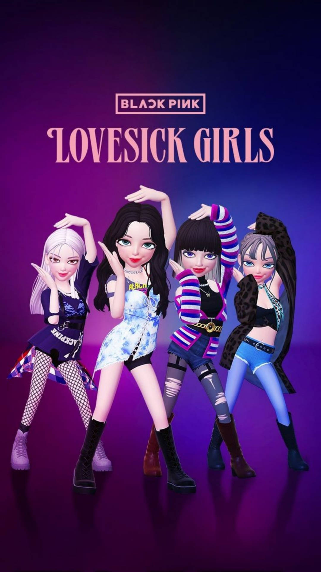 Zepeto BLACKPINK《Love Sick Girls》舞蹈 壁紙 — 四個風格化的動漫女孩穿著大膽的服裝，在發光的紫色背景前動態擺姿勢，帶有「BLACK PINK LOVESICK GIRLS」文字。