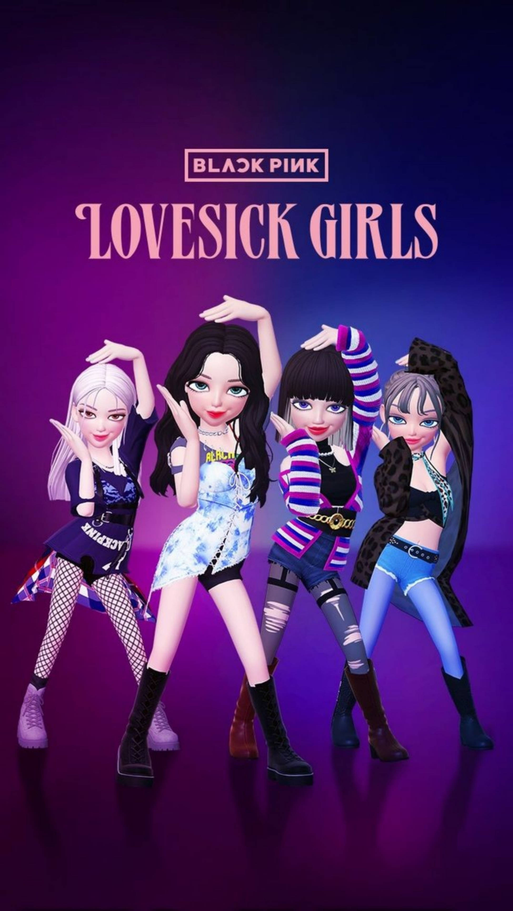 Zepeto BLACKPINK《Love Sick Girls》舞蹈 壁紙 — 四個風格化的動漫女孩穿著大膽的服裝，在發光的紫色背景前動態擺姿勢，帶有「BLACK PINK LOVESICK GIRLS」文字。