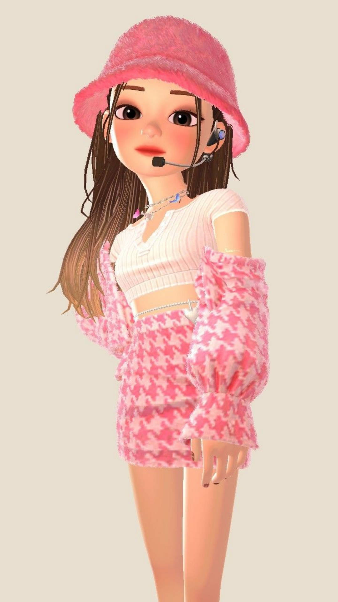 Zepeto K-pop偶像女孩 壁紙 — 一個風格化的動漫女孩，戴著毛茸茸的粉紅色漁夫帽和相配的千鳥格服裝，戴著耳機。