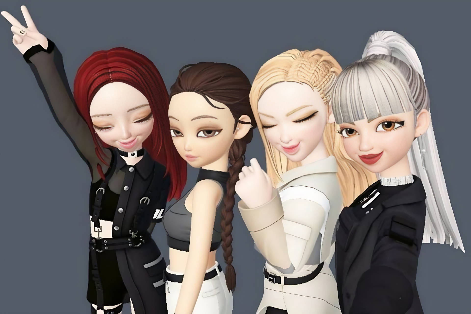 Zepeto K-pop超級巨星BLACKPINK 壁紙 — 四個風格化的動漫女孩穿著前衛服裝，在純灰色背景前自信地擺姿勢。