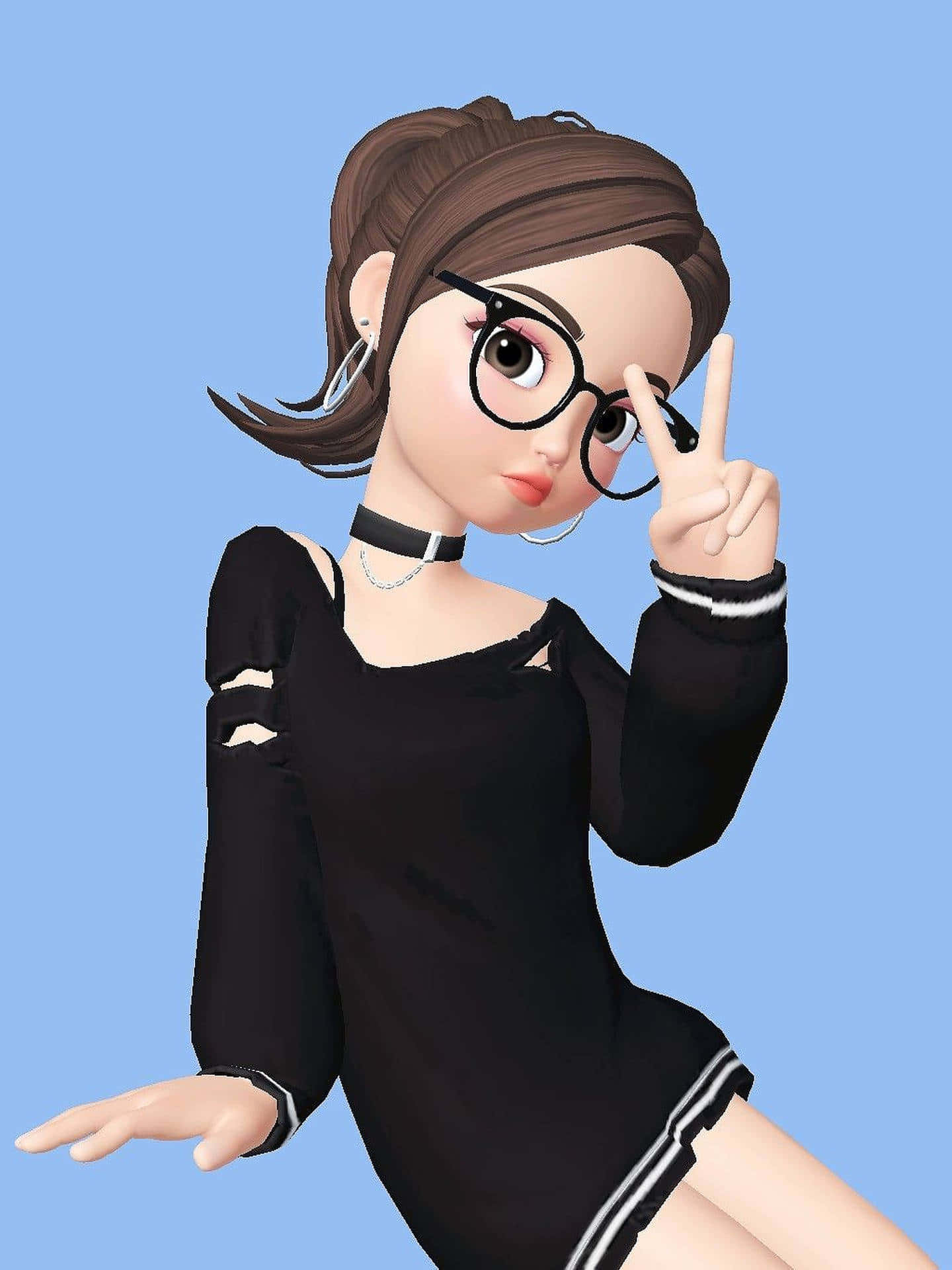 穿著黑色服裝的動漫女孩戴著眼鏡和頸鏈比出和平手勢。
