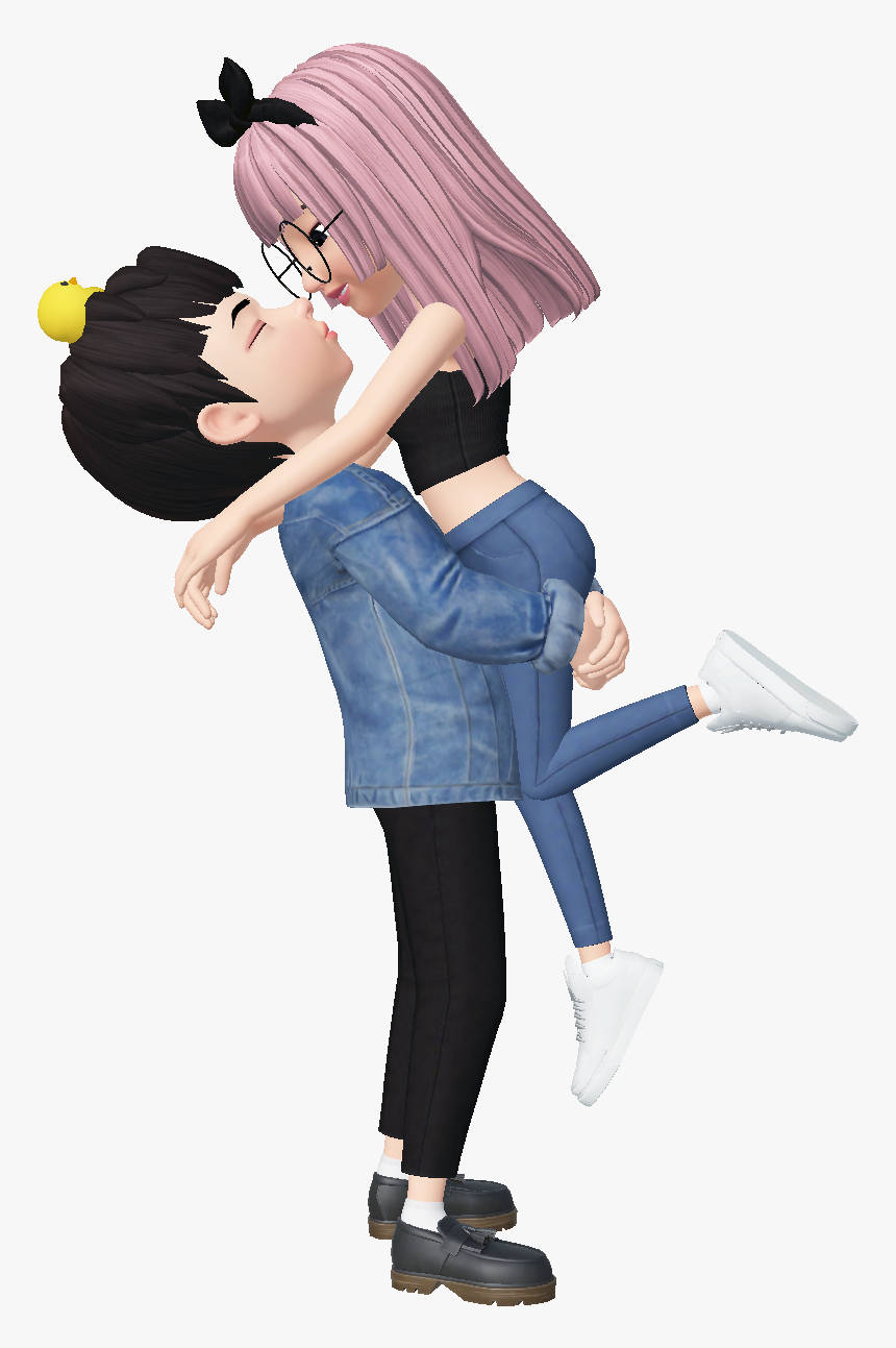 動漫情侶接吻，粉紅色頭髮女孩被頭上有黃色鴨子的男孩舉起。
