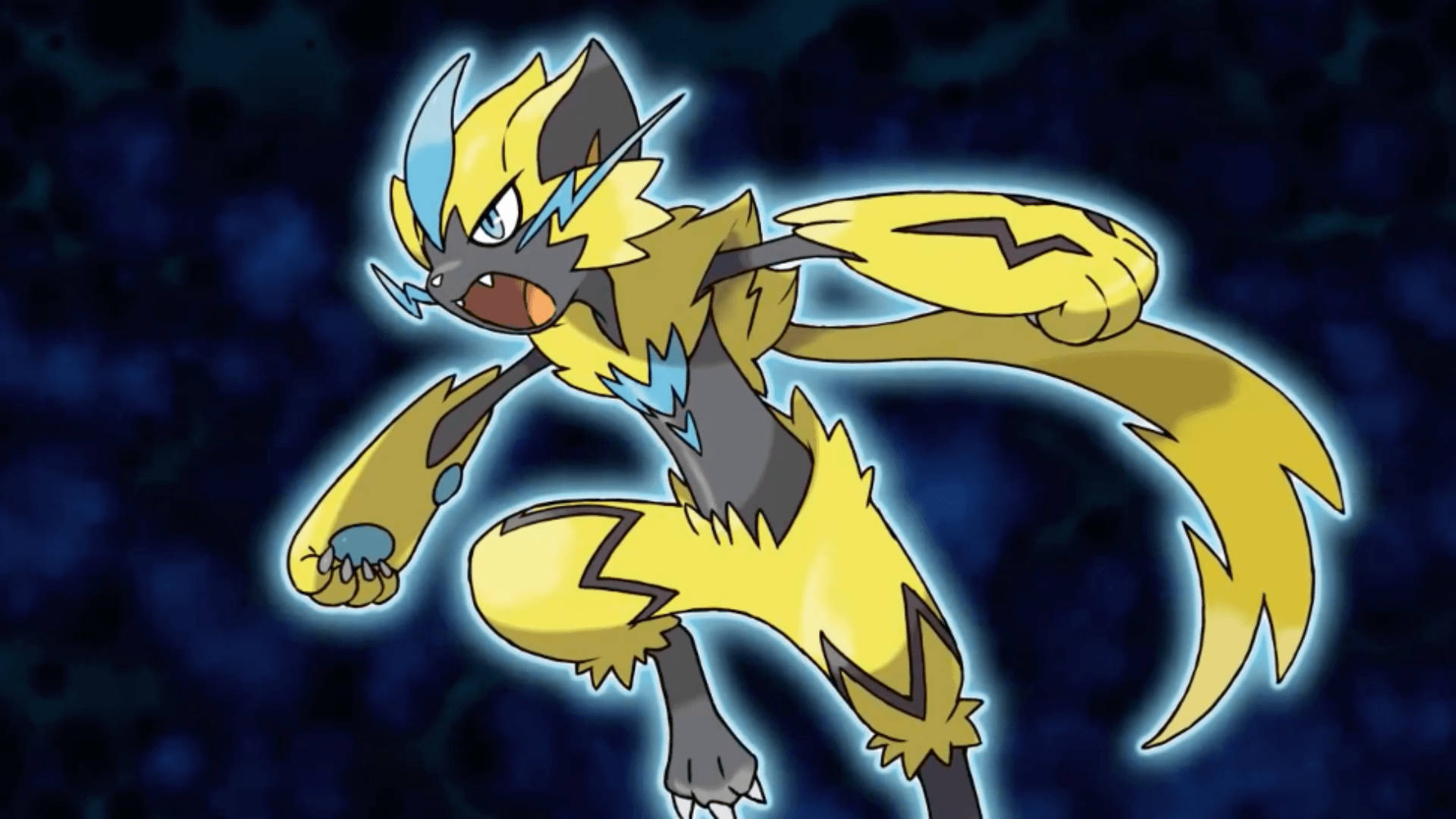 Zeraora 官方藝術作品（黑色與藍色背景） 壁紙 — 一隻充滿動感的黃黑配色閃電主題寶可夢，在黑暗的宇宙背景中向前躍起，伴隨著發光的藍色能量。