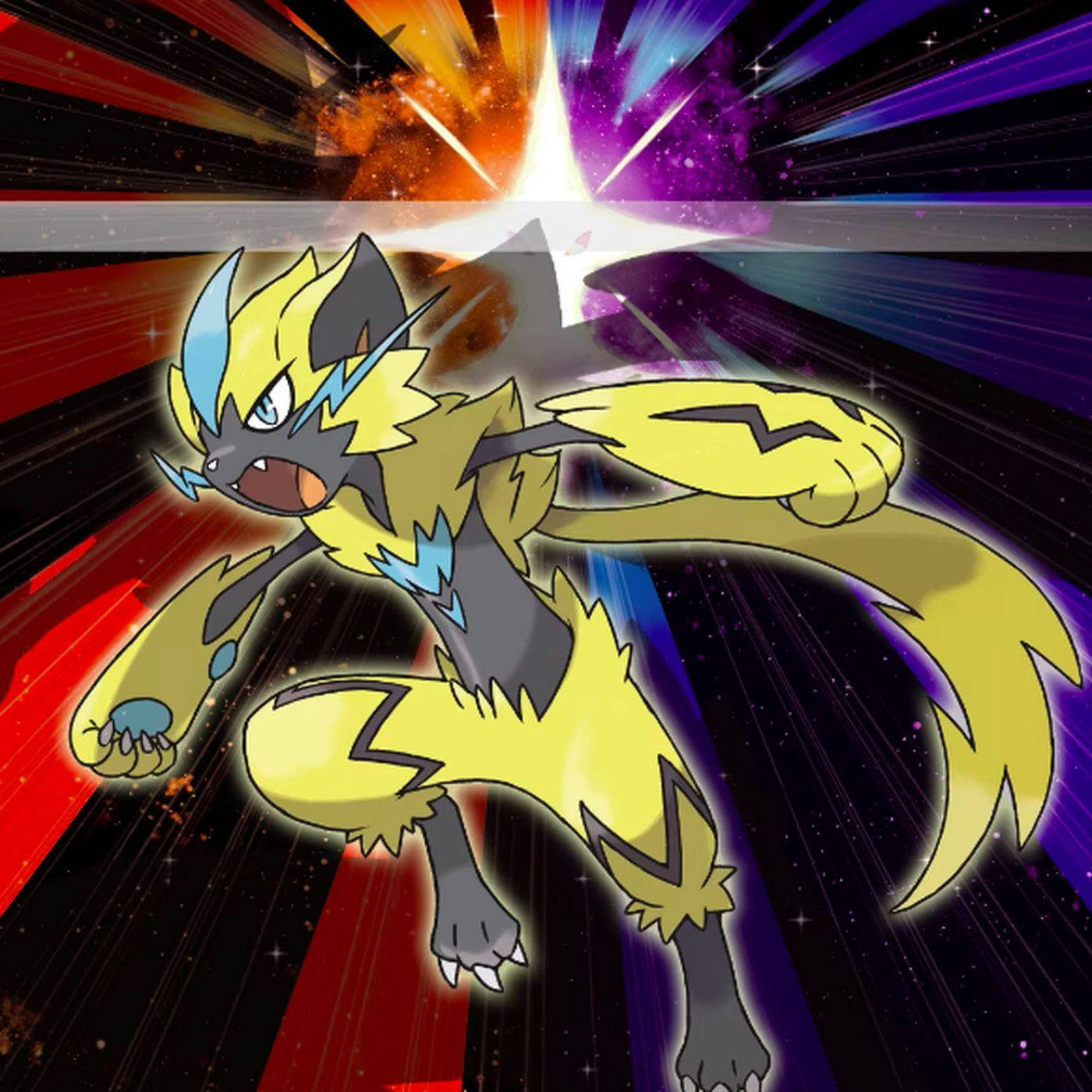 Zeraora 璀璨散發能量 壁紙 — 一隻動感十足的動漫風格閃電狐狸在紅色、紫色和橙色的宇宙星爆背景下向前衝刺。
