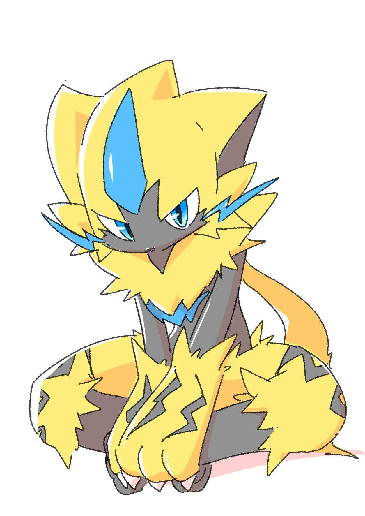 Zeraora 坐著顯得傷心 壁紙 — 一隻充滿活力的黃藍色動漫風格神奇寶貝，擁有尖刺毛髮和閃電圖案，自信地坐在純白色背景前。