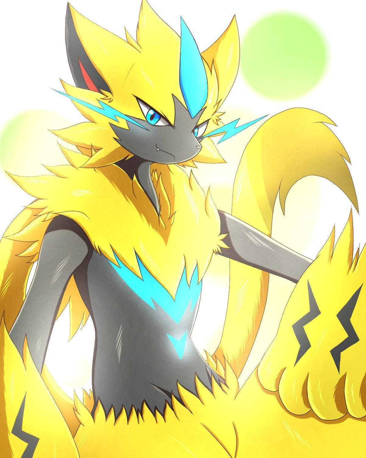 Zeraora 旁邊有綠色圓圈 壁紙 — 一隻充滿活力的動漫風格電狐，黃色毛髮帶有藍色閃電點綴，自信地站在柔和發光的背景前。