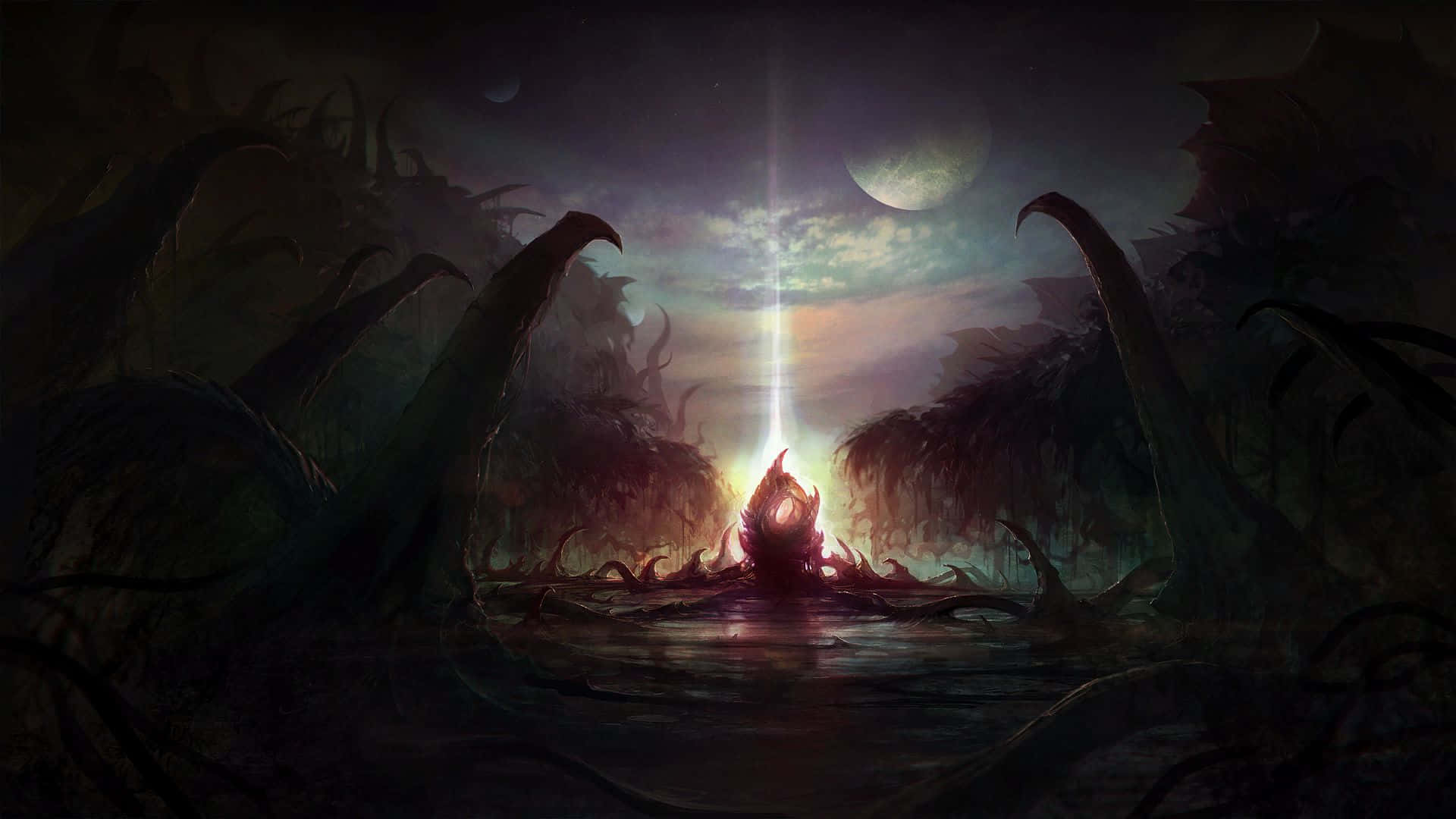 一個發光的紅色生物在夜晚從扭曲森林的黑暗水中升起。