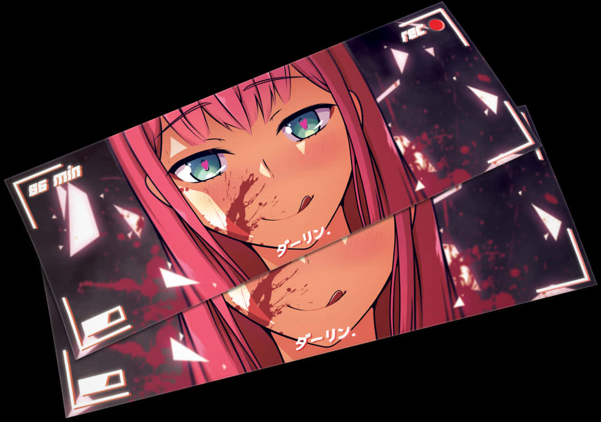 Zero Two 戰鬥後遺跡 壁紙 — 粉紅色頭髮、滿臉鮮血的動漫女孩顯示在傾斜的相機觀景窗疊加層上。
