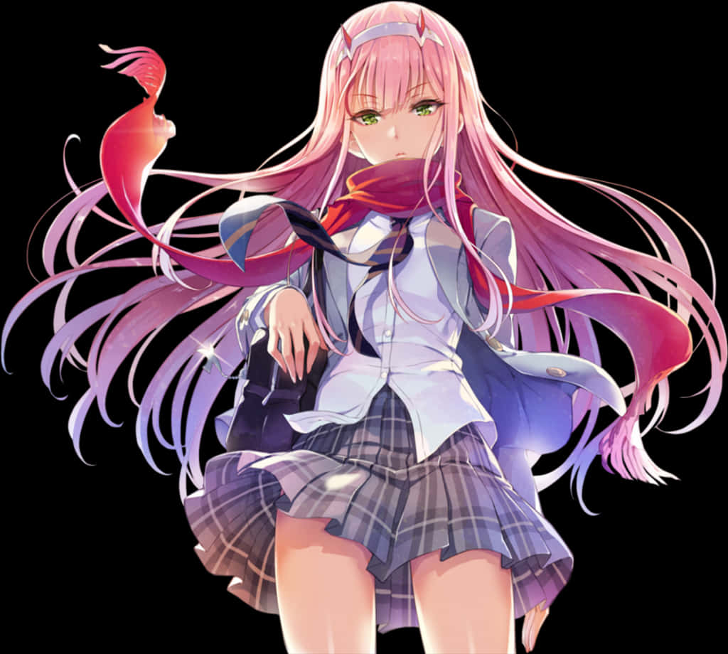 Zero Two 動畫角色插畫 壁紙 — 一個充滿活力的動漫女孩，擁有飄逸的粉紅色頭髮和綠色眼睛，穿著校服，背景為黑色。