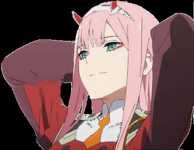 Zero Two 個人姿勢 壁紙 — 粉紅頭髮紅色角的動漫女孩，身穿紅色服裝，向後靠在椅子上。