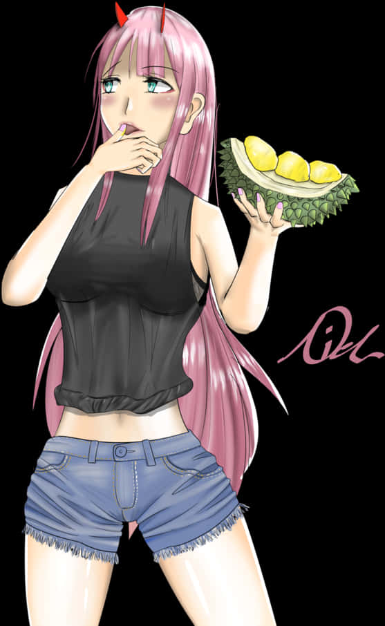 Zero Two 手持榴槤 壁紙 — 粉紅色頭髮的動漫女孩，頭上有細小的紅色角，在黑色背景中拿著榴槤水果，同時咬著手指。
