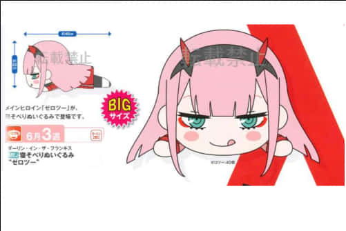 Zero Two Q版角色設計 壁紙 — 一個粉紅色頭髮、紅色角的Q版動漫女孩從一個大紅色字母A後面探出頭來。