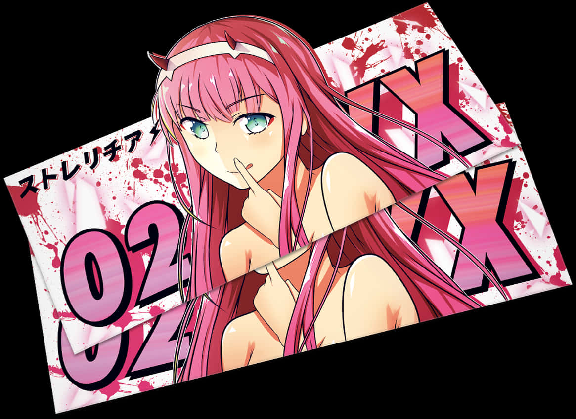 Zero Two 動漫插畫 壁紙 — 一位粉紅色頭髮、綠色眼睛的動漫女孩，在帶有日文字和血跡的塗鴉風格背景前，將手指放在嘴唇上眨眼。