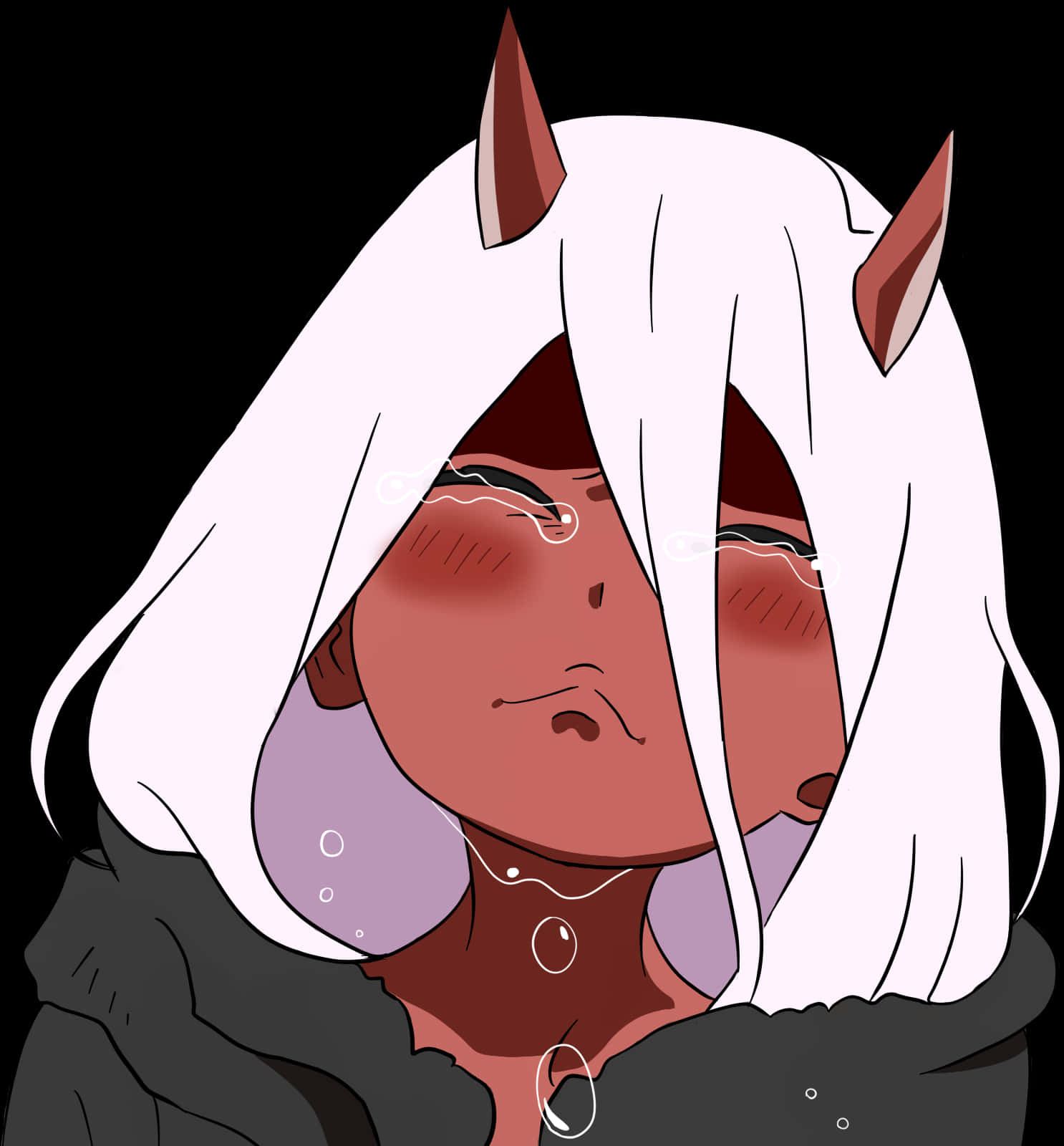 Zero Two 動漫角色插畫 壁紙 — 一個悲傷的動漫角色，白髮和角，在黑色背景下哭泣，眼淚變成氣泡。