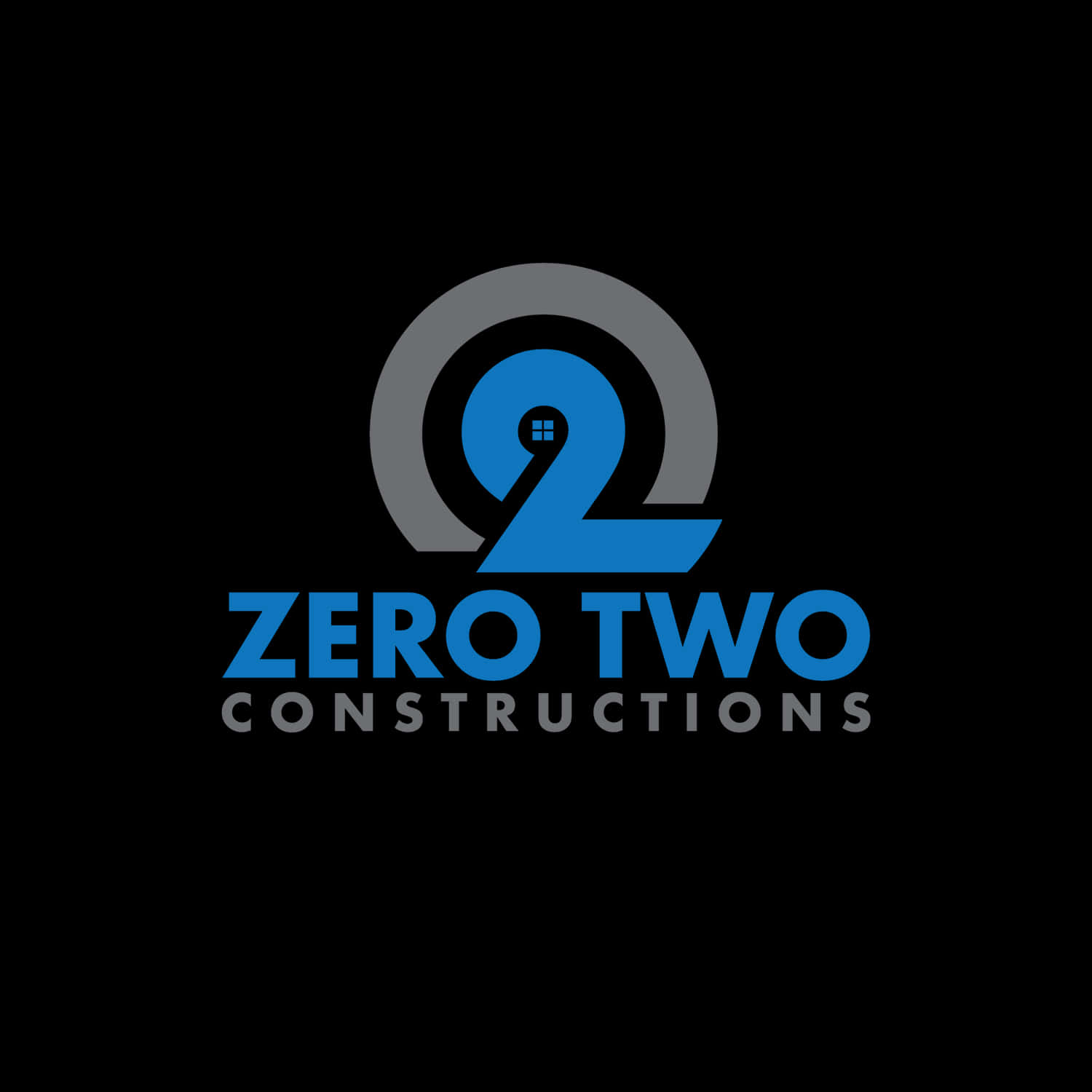 Zero Two 建築公司標誌 壁紙 — Zero Two Constructions 的時尚標誌，採用風格化的藍色數字二，內部帶有窗戶細節，置於黑色背景上。