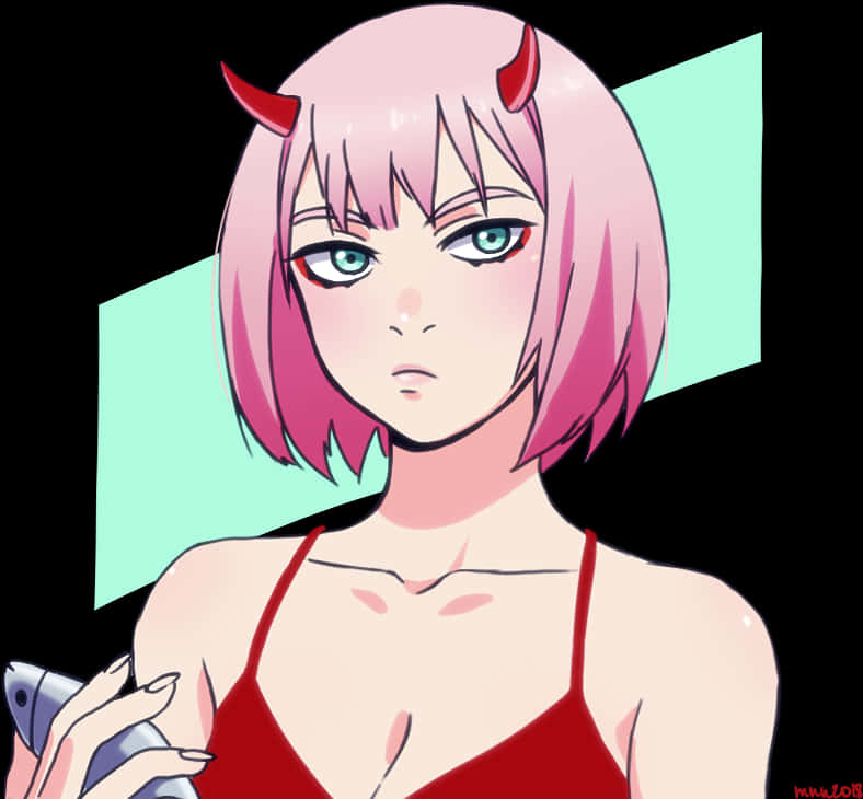 Zero Two 動畫角色肖像 壁紙 — 一位粉紅色頭髮、紅色角和藍色眼睛的動漫女孩，穿著紅色上衣，在黑色和藍綠色的背景前拿著一條魚。