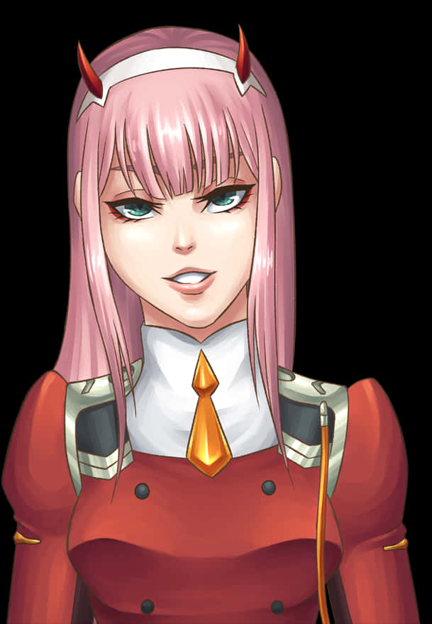 Zero Two 動漫角色肖像 壁紙 — 一位粉紅色頭髮、紅色角的動漫女孩，綠色眼睛，穿著紅色服裝配金色領帶，背景為黑色。
