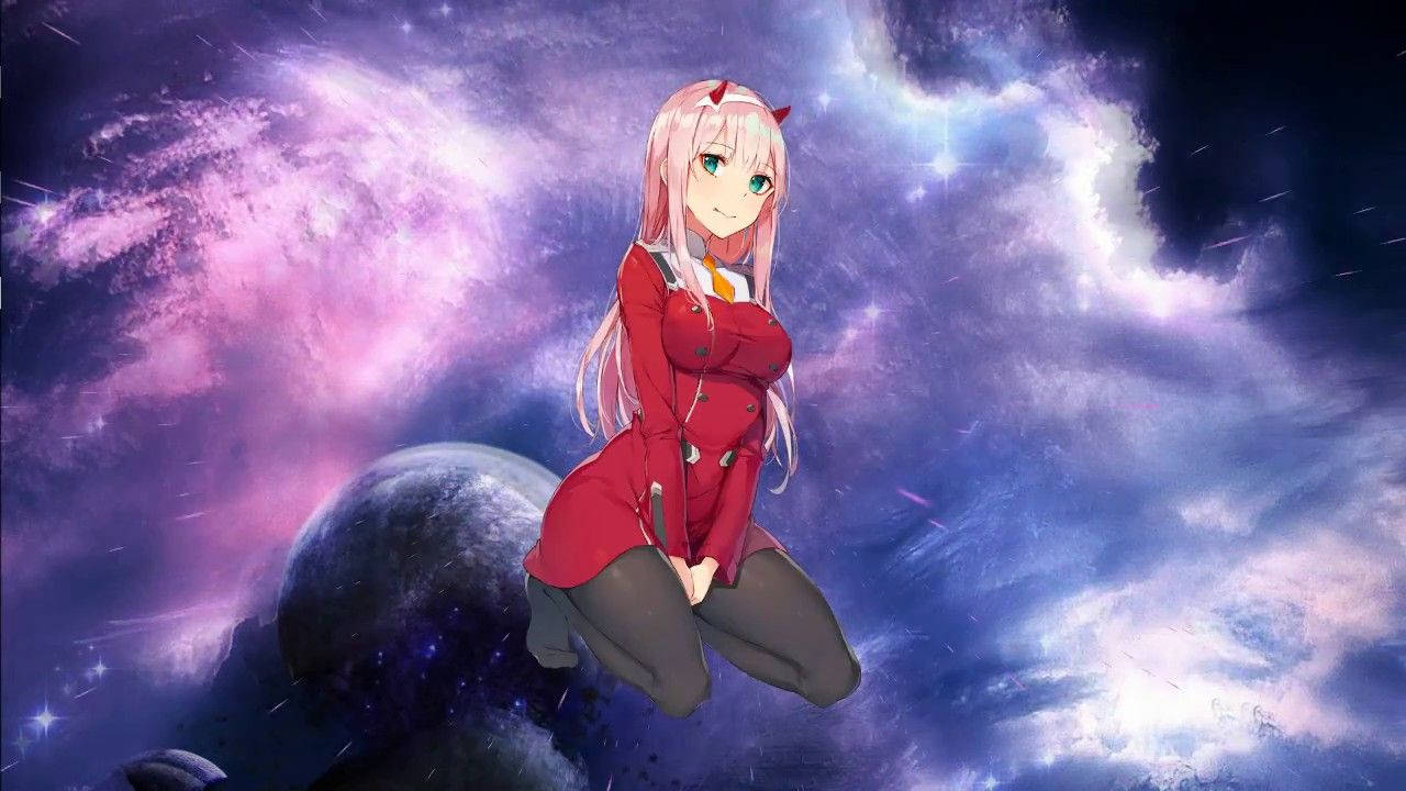 穿著紅色連身衣的動漫女孩漂浮在色彩繽紛的太空星雲中。