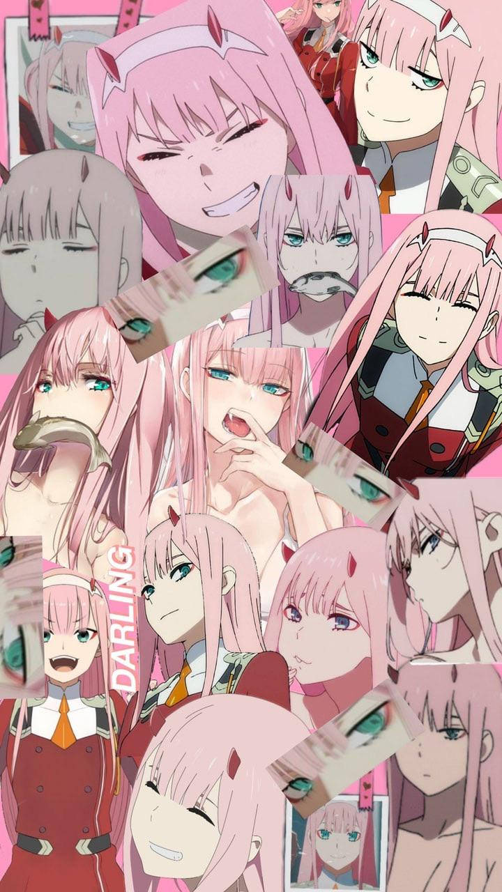 粉紅色頭髮女孩帶著惡魔角的多種表情動漫拼貼畫。