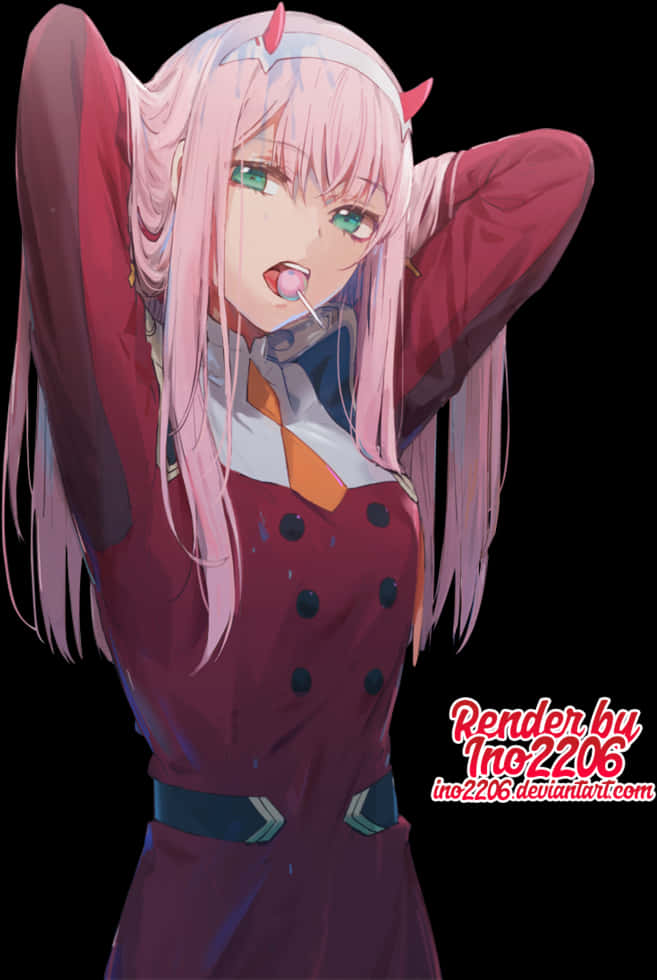 Zero Two 拉伸姿勢 壁紙 — 一位粉紅色頭髮、帶有小角的動漫女孩，在黑色背景前穿著紅色外套伸出舌頭。