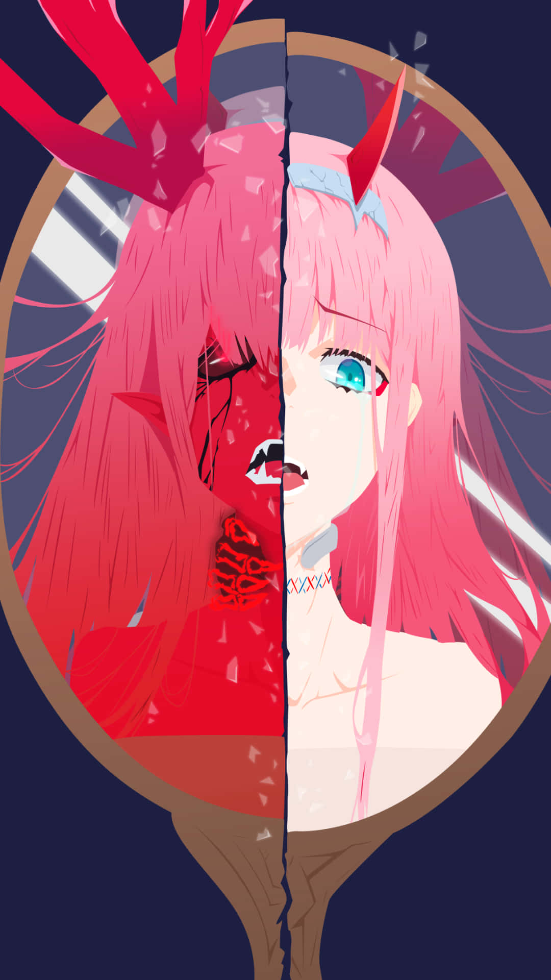 動漫女孩分臉顯示惡魔和天使兩半，粉紅色頭髮。